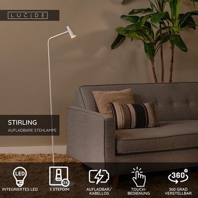 Lucide STIRLING - wiederaufladbare Stehlampe - Akku/Batterie - LED 3 StepDim - 1x3W 2700K - Weiß